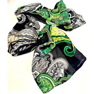 VTG Jones New York Silk Scarf Marked Black/Kelly Green/Yellow Paisley Striped
